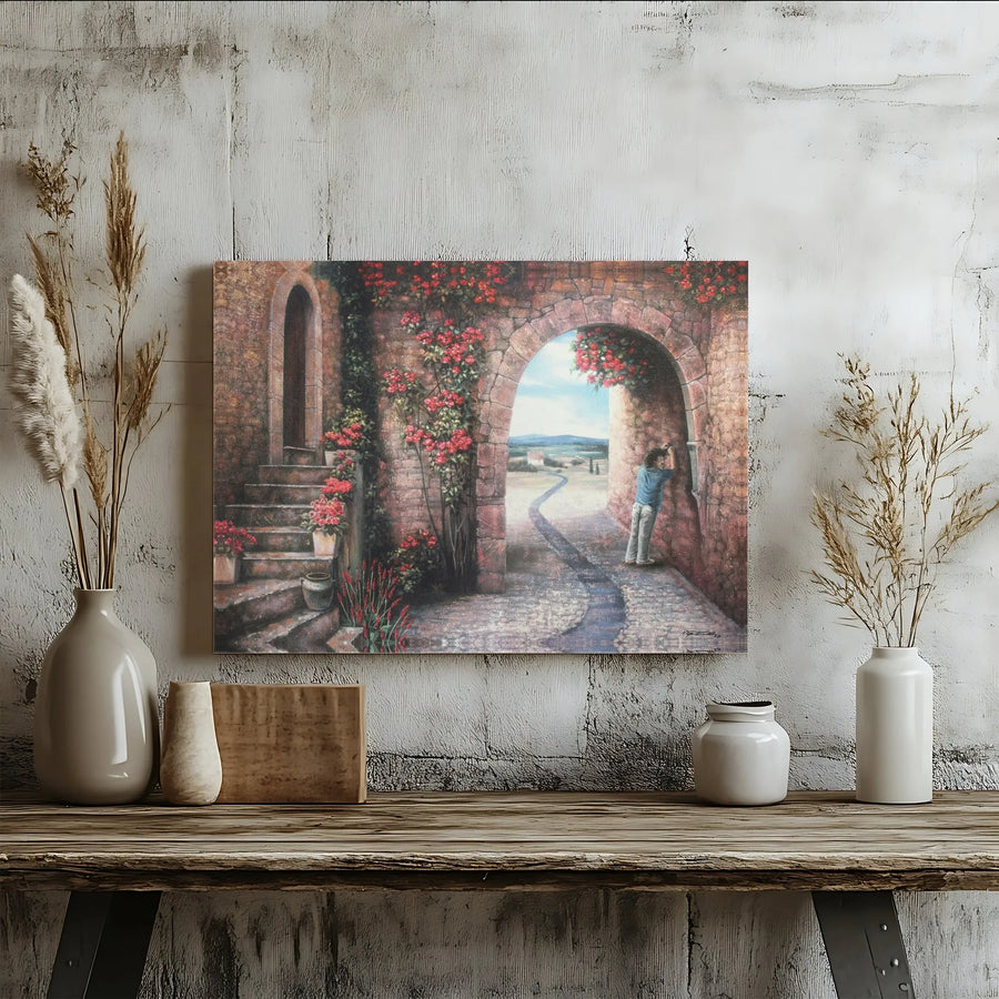 Tuscan Courtyard Canvas Print | Mediterranean Stone Archway Wall Art | Gallery Wrap Premium Home Decor | Romantic Landscape Painting for Living Room