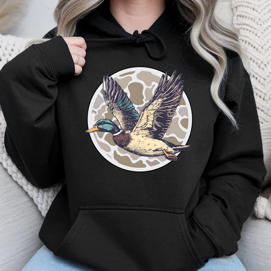 Mallard Duck Hunting Hoodie | Retro Flying Mallard Graphic | Premium Cotton Blend | Gift for Waterfowl Hunters and Outdoorsmen