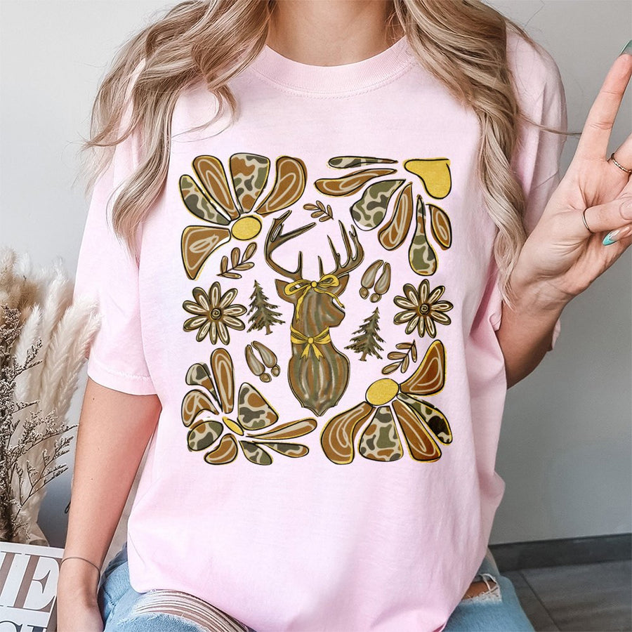 Deer Hunter T-Shirt | Boho Camo Bow Aesthetic Floral Print | 100% Cotton Premium Tee | Hunting Season Gift for Women and Outdoors Enthusiasts