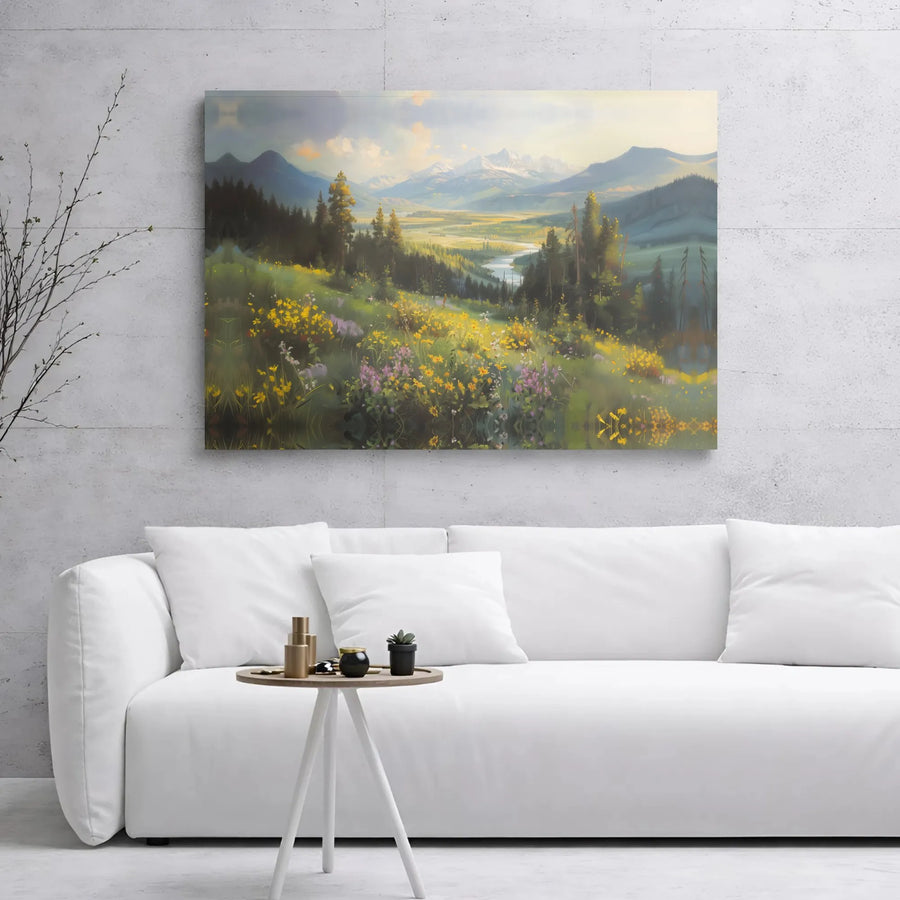 Mountain Valley Landscape Canvas Art | Wildflower River Meadow Wall Decor | Premium 1.25" Gallery Wrap | Nature Lover Home Gift