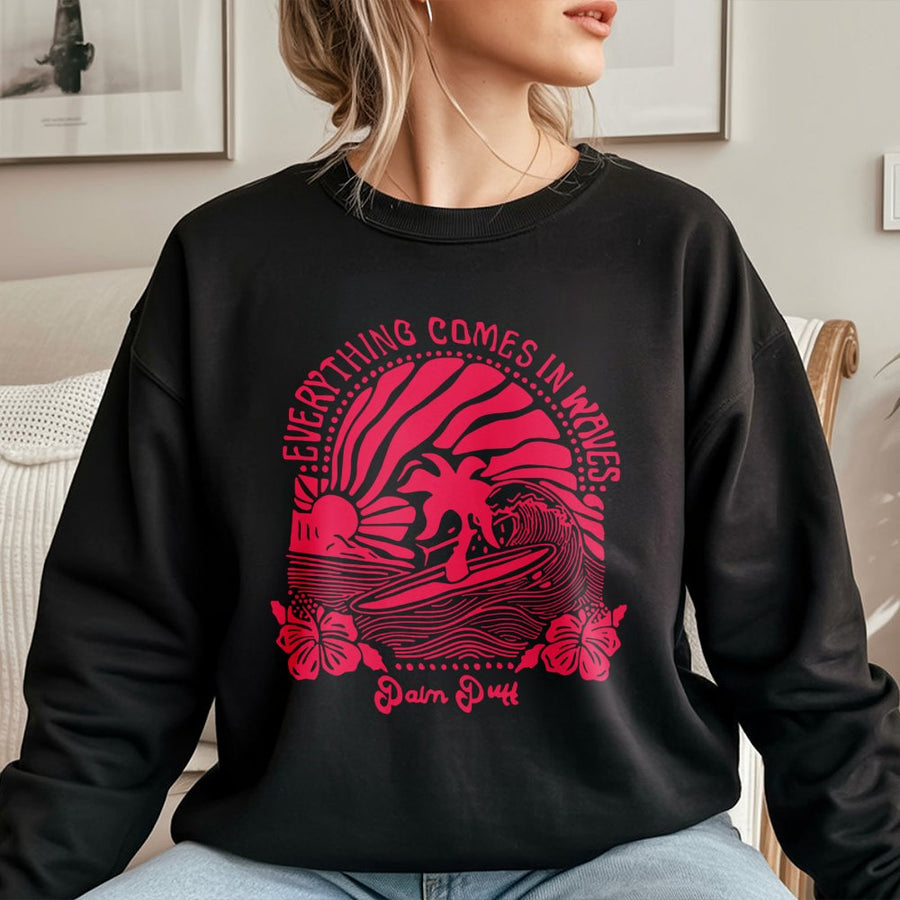 Surfing Graphic Sweatshirt | Everything Comes In Waves Retro Design | Premium Cotton Blend | Gift For Surfers And Beach Lovers