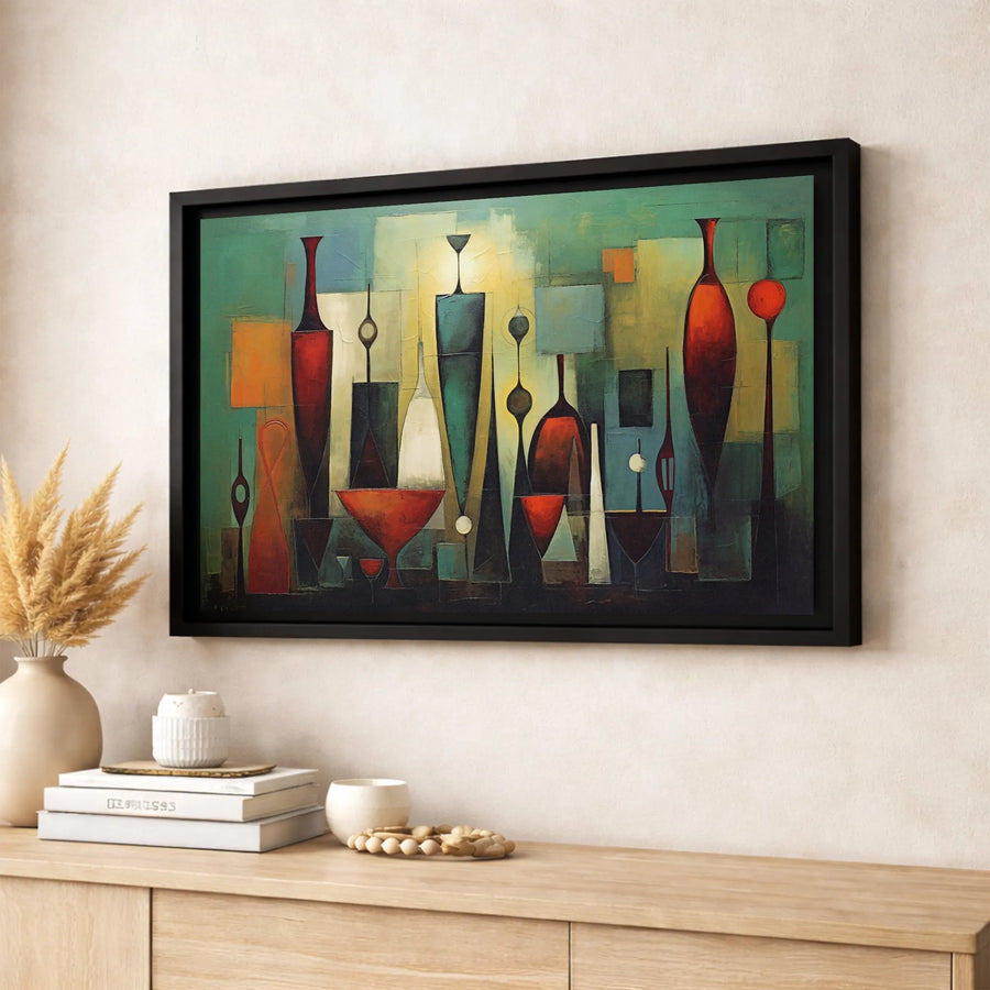 Mid-Century Modern Abstract Canvas Wall Art | Geometric Still Life Vase Print | Gallery Quality 1.25 Inch Thick | Retro Home Decor Statement