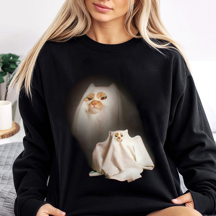 Ghost Cat Sweatshirt | Funny Meme Kitten Halloween Graphic | Premium Cotton Blend Crewneck | Unisex Aesthetic Gift for Cat Lovers