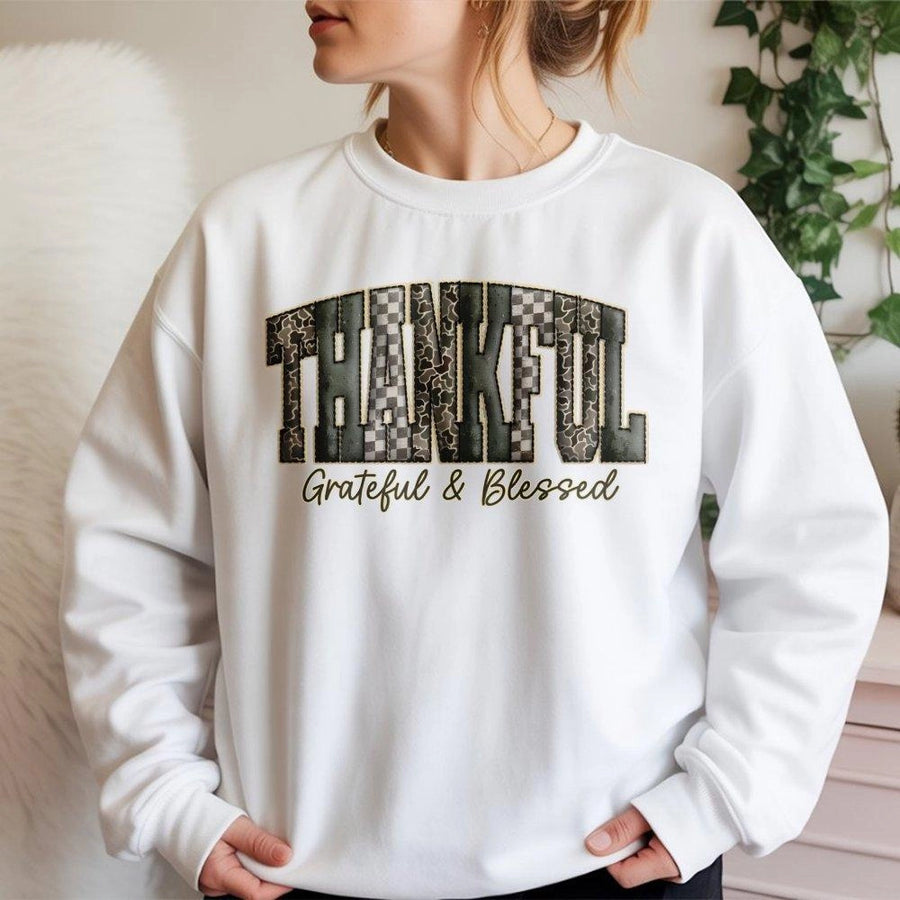 Thankful Grateful Blessed Sweatshirt | Camo Pattern Graphic Fall Crewneck | Premium Cotton Blend | Gift for Thanksgiving Western Style Enthusiasts