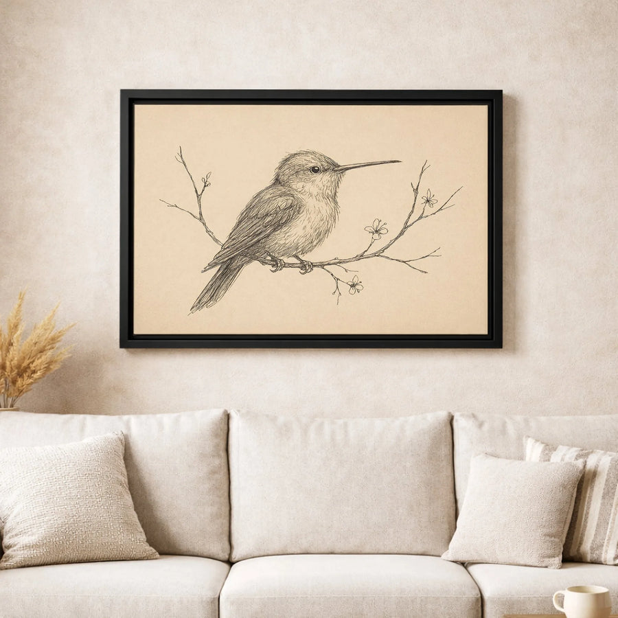 Hummingbird Sketch Wall Art | Vintage Pencil Drawing Print | Premium Gallery Wrapped Canvas | Nature Lover Home Decor Gift
