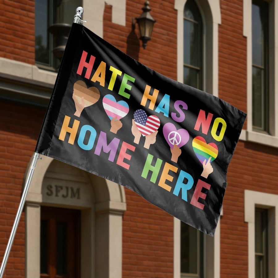 Hate Has No Home Here House Flag | LGBTQ Pride & American Unity Hearts Design | Premium Weather-Resistant Polyester | Inclusive Home Decor Gift