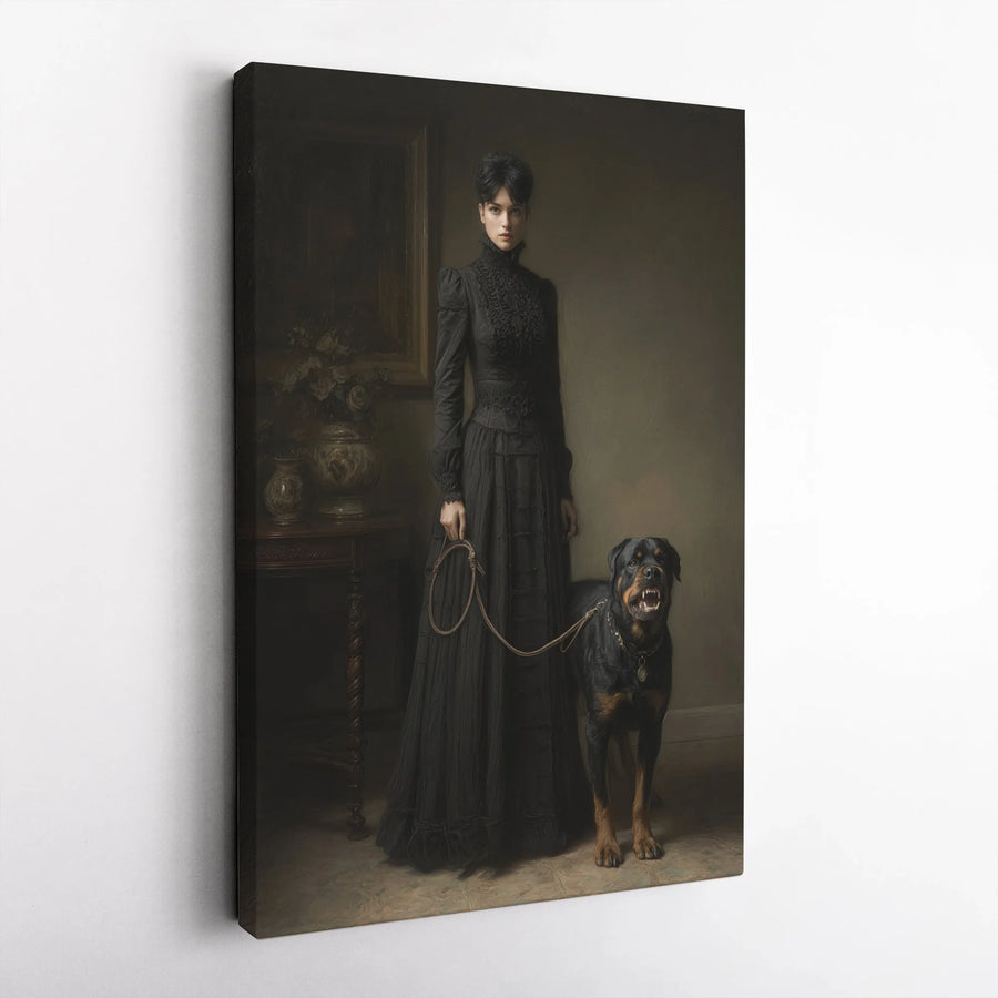 Gothic Rottweiler Portrait Canvas | Moody Victorian Woman and Dog Art | Premium Gallery Wrapped Canvas | Dark Academia Home Decor Gift