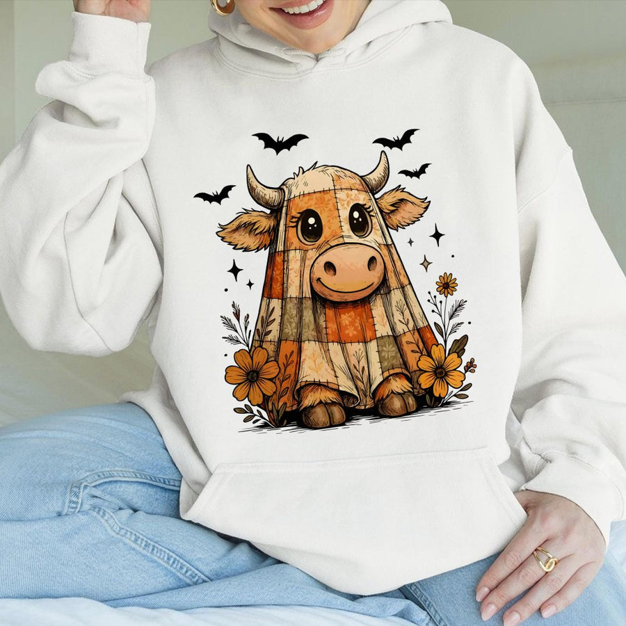 Highland Cow Ghost Hoodie | Cute Halloween Aesthetic Sweatshirt | Premium Cotton-Poly Blend | Spooky Fall Gift for Animal Lovers