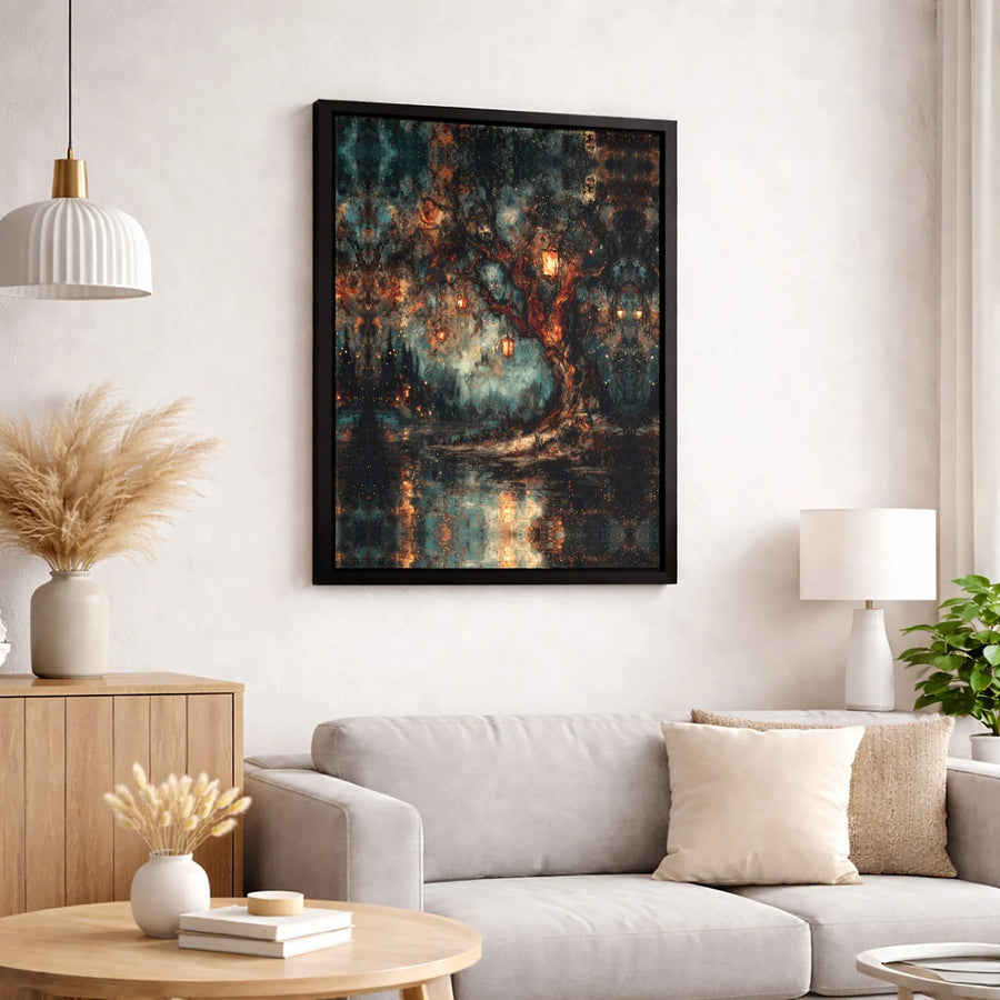 Enchanted Forest Canvas Wall Art | Glowing Lantern Tree Painting | Premium Gallery Wrap Print | Whimsical Home Decor Gift