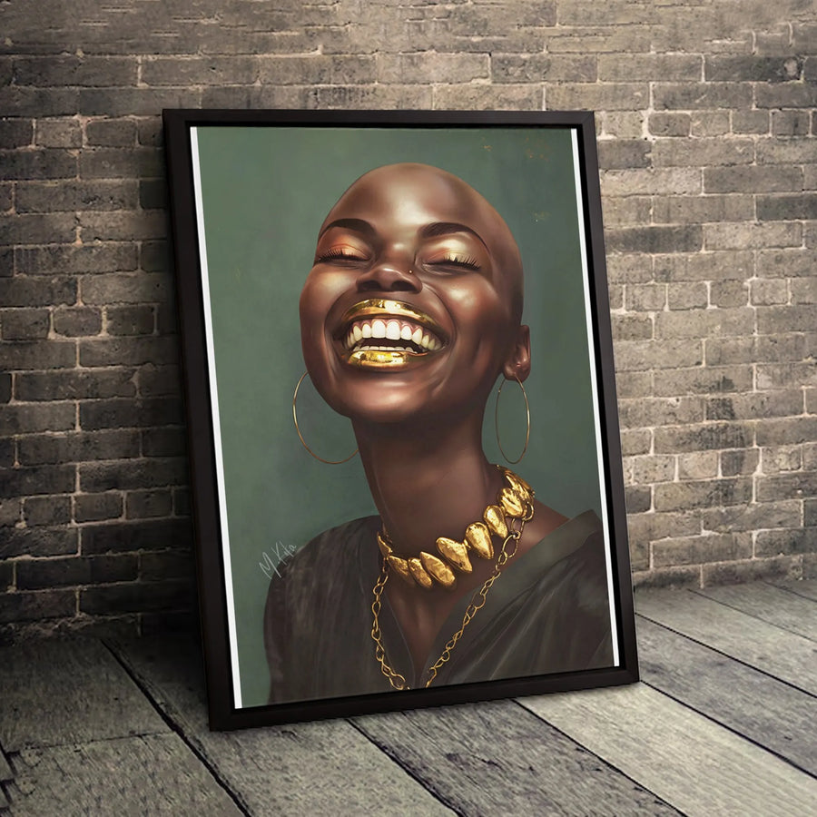 Black Woman Art Print | Joyful Bald Beauty with Gold Jewelry | 1.25" Gallery Wrapped Canvas | Inspiring Home Decor Wall Art