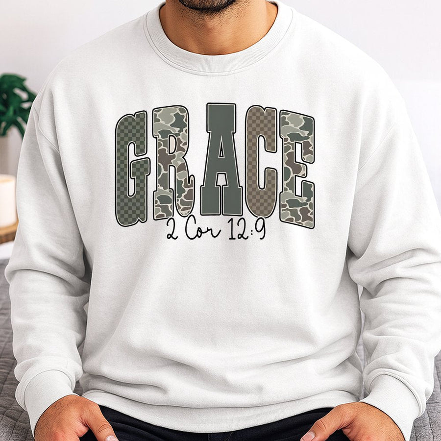 Grace 2 Cor 12:9 Sweatshirt | Camo Faith Based Scripture Design | Premium Cotton Blend | Christian Gift for Women and Men