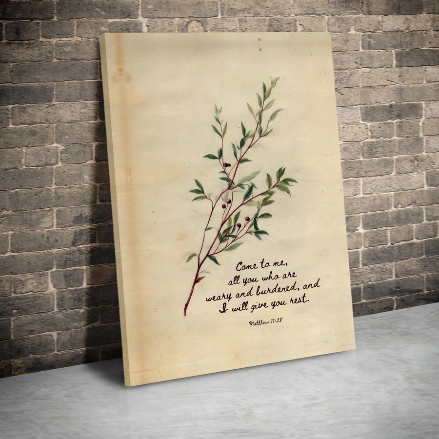 Matthew 11:28 Bible Verse Canvas | Vintage Botanical Scripture Art | Premium Gallery-Wrapped Print | Christian Inspirational Gift