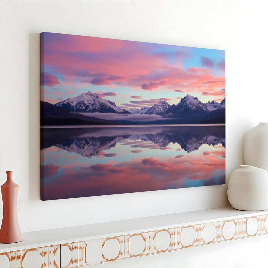Mountain Lake Canvas Print | Serene Snow-Capped Peak Reflection at Sunset | Premium Gallery Quality Wall Art | Gift for Nature Lovers