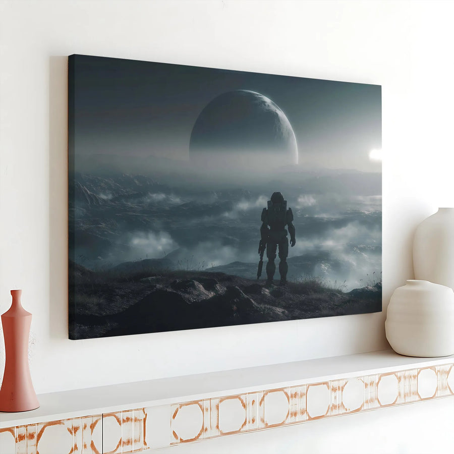 Sci-Fi Soldier Wall Art | Alien Planet Landscape Canvas | 1.25 Inch Gallery Wrap | Gaming Room Decor for Men and Collectors