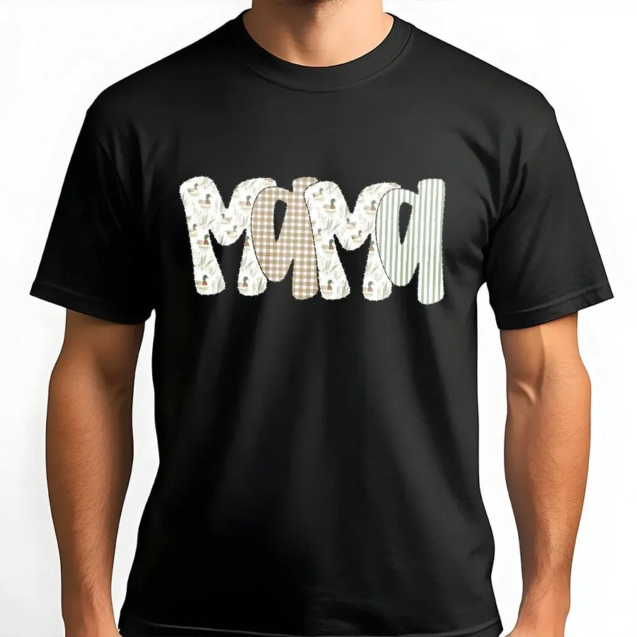 Duck Hunting Mama T-Shirt | Camo Mallard Duck Patchwork Style | Premium Cotton Tee | Gift for Outdoorsy Mom