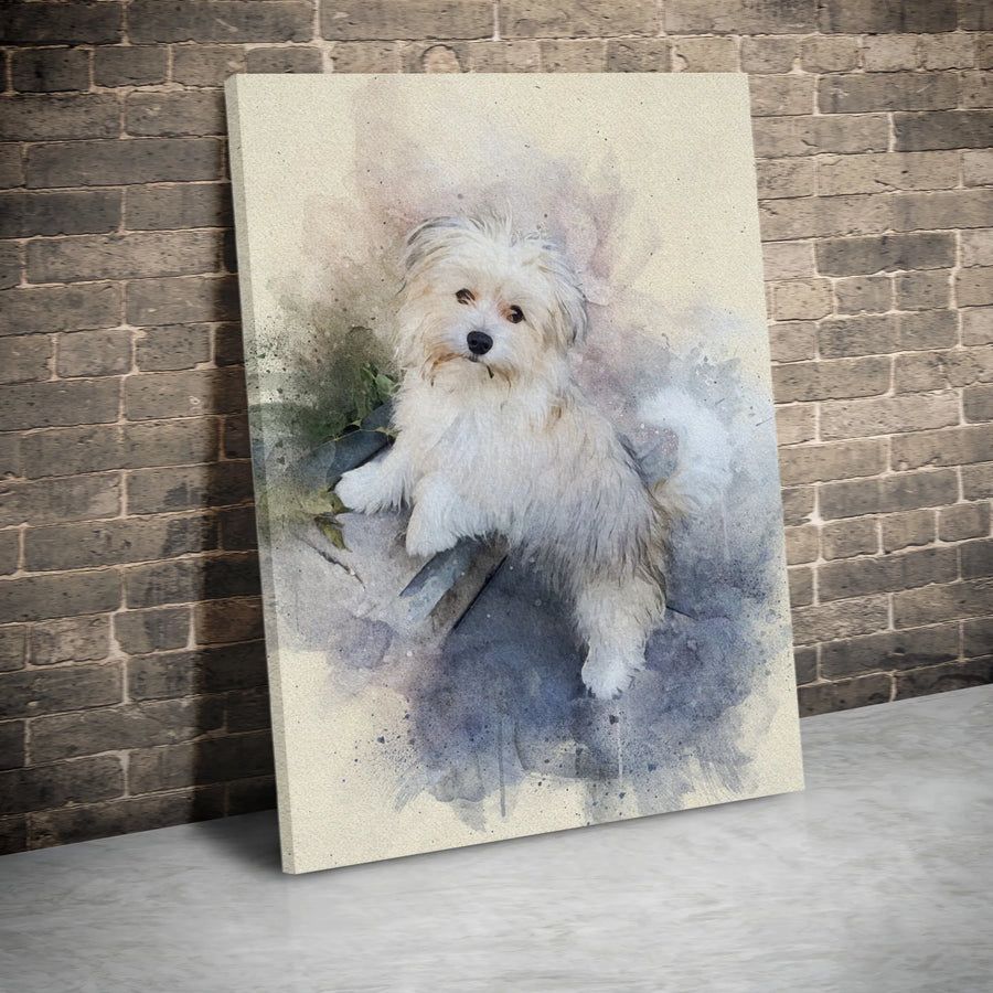 White Dog Watercolor Canvas Wall Art | Fluffy Puppy Portrait | Premium Gallery Wrapped Decor | Gift for Dog Lovers