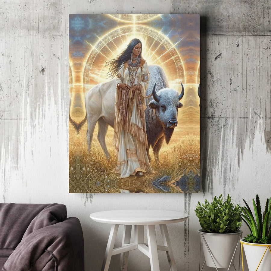 Native American White Buffalo Canvas Art | Spiritual Indigenous Woman Portrait | Gallery Quality Print | Southwestern & Tribal Home Decor Gift