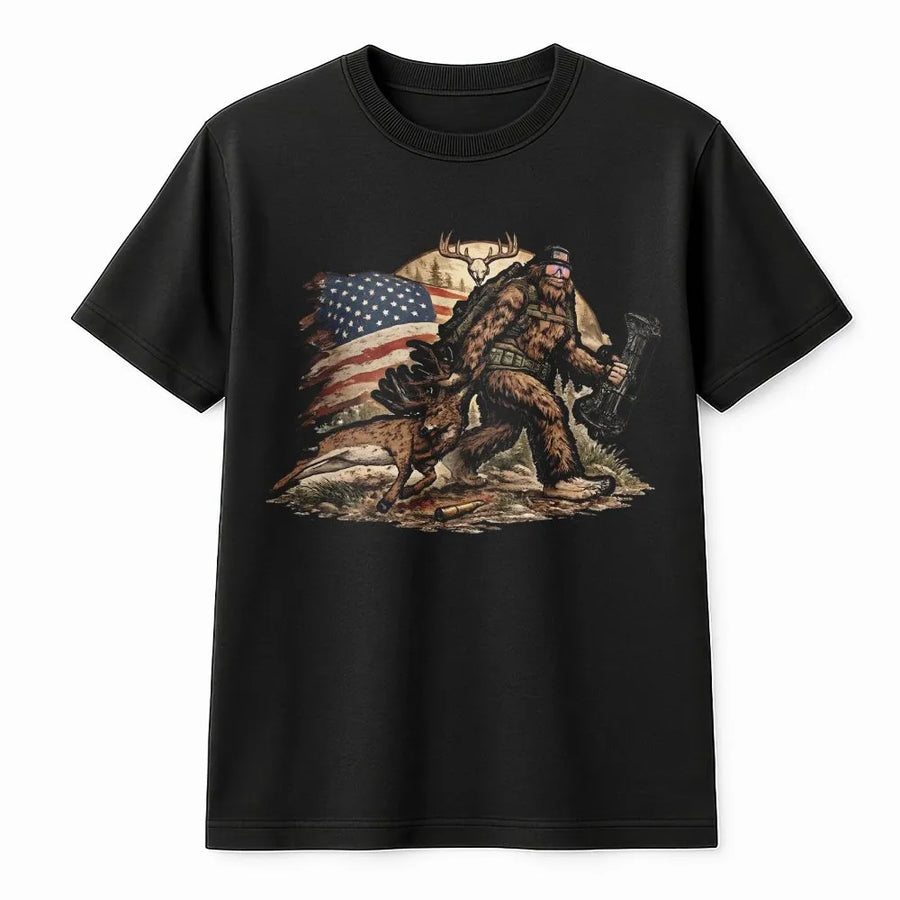 Bigfoot Hunting T-Shirt | Patriotic Sasquatch USA Flag Graphic | Premium Cotton Blend | Gift for Hunter and Outdoorsman