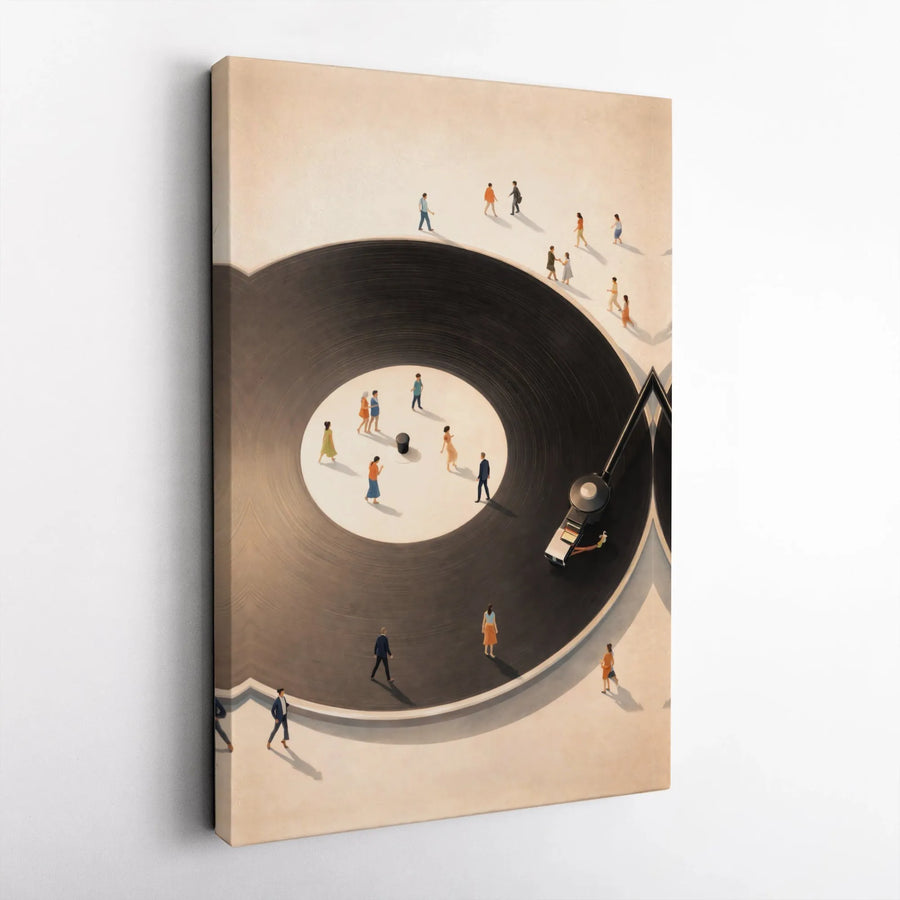 Vinyl Record Canvas Art | Surreal Illustration with Tiny People | Premium Fade-Resistant Print | Gift for Music Lover & Modern Home Decor