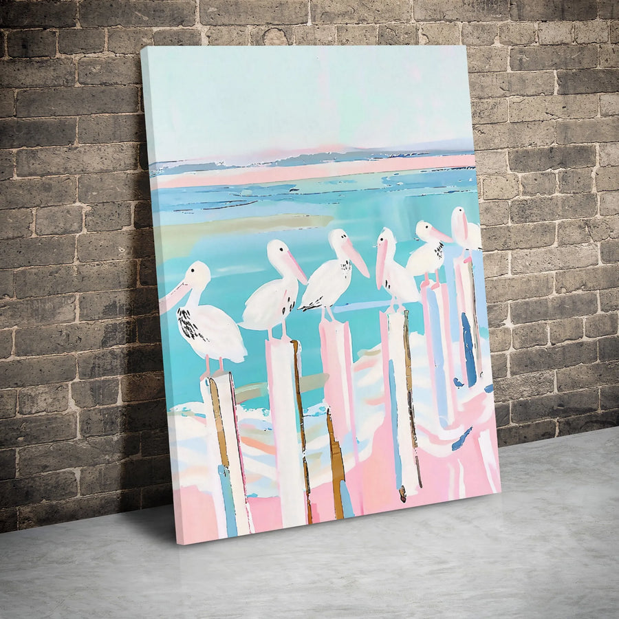 Pelican Beach Canvas Wall Art | Coastal Bird Abstract Painting | Premium Gallery Wrapped Decor | Tropical Ocean Home Interior Gift