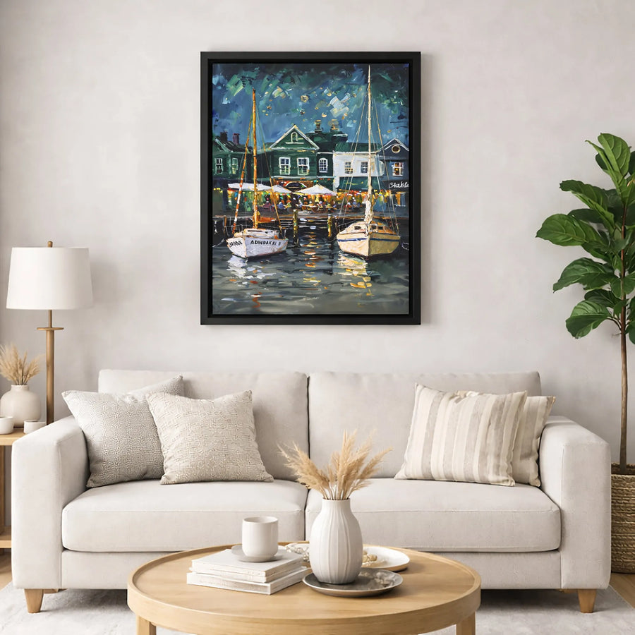 Sailboat Harbor Wall Art | Night Nautical Seascape Painting | Premium Gallery-Wrapped Canvas | Coastal Home Decor Gift for Boating Lovers