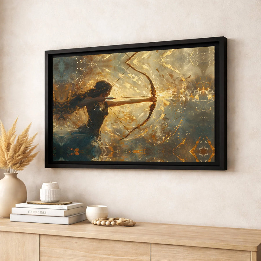 Female Archer Wall Art | Golden Fantasy Warrior Canvas Print | Premium Fade-Resistant Decor | Gift For Her Fantasy Lover