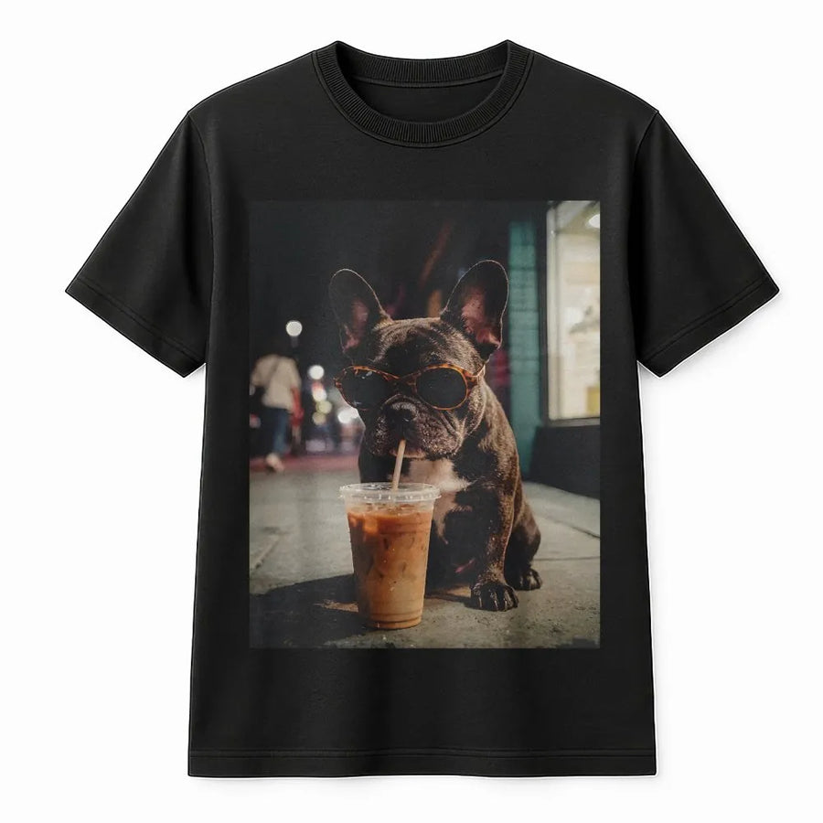 French Bulldog T-Shirt | Funny Dog with Iced Coffee Graphic | Premium Cotton Blend Sweatshirt | Gift for Frenchie Mom & Coffee Lover
