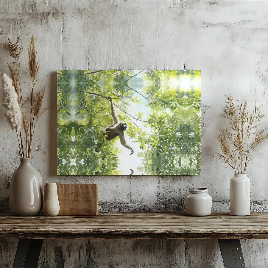 Gibbon Wall Art Canvas | Swinging Monkey in Tropical Jungle Canopy | Gallery Quality Fade-Resistant Print | Wildlife Nature Decor for Home