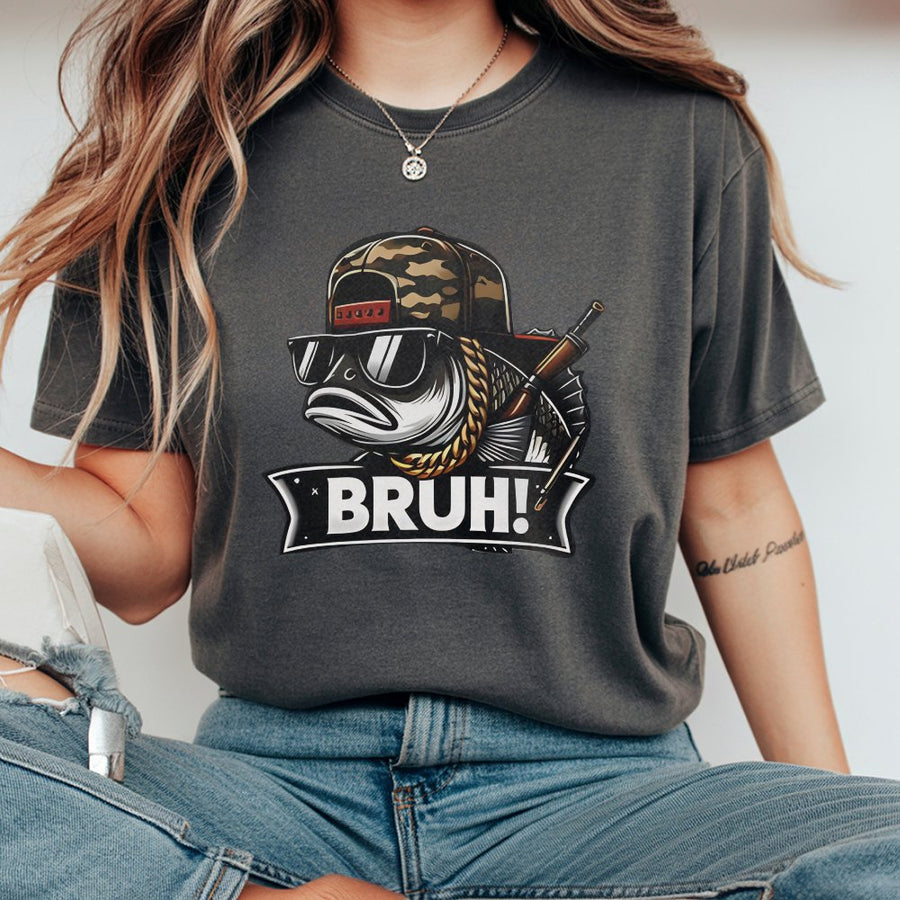 Funny Fishing Graphic T-Shirt | Bass Fish with Camo Hat and Gold Chain | 100% Cotton Premium Tee | Unique Gift for Fishermen and Anglers