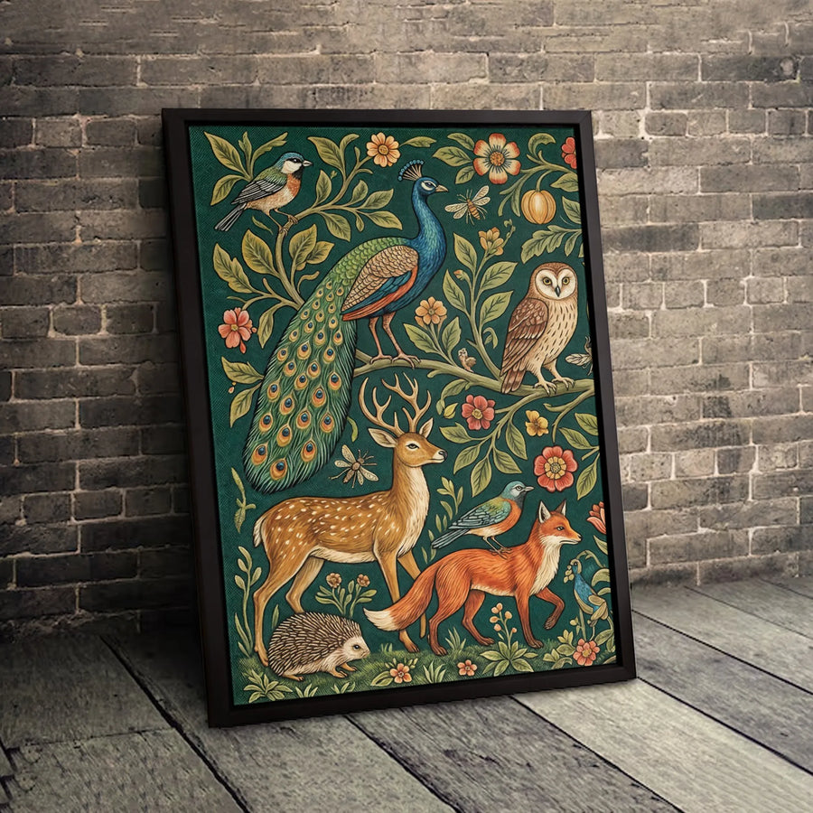 Woodland Animals Canvas Print | Vintage Peacock and Deer Forest Art | Premium Gallery Wrapped Wall Decor | Nature-Inspired Home Office Gift