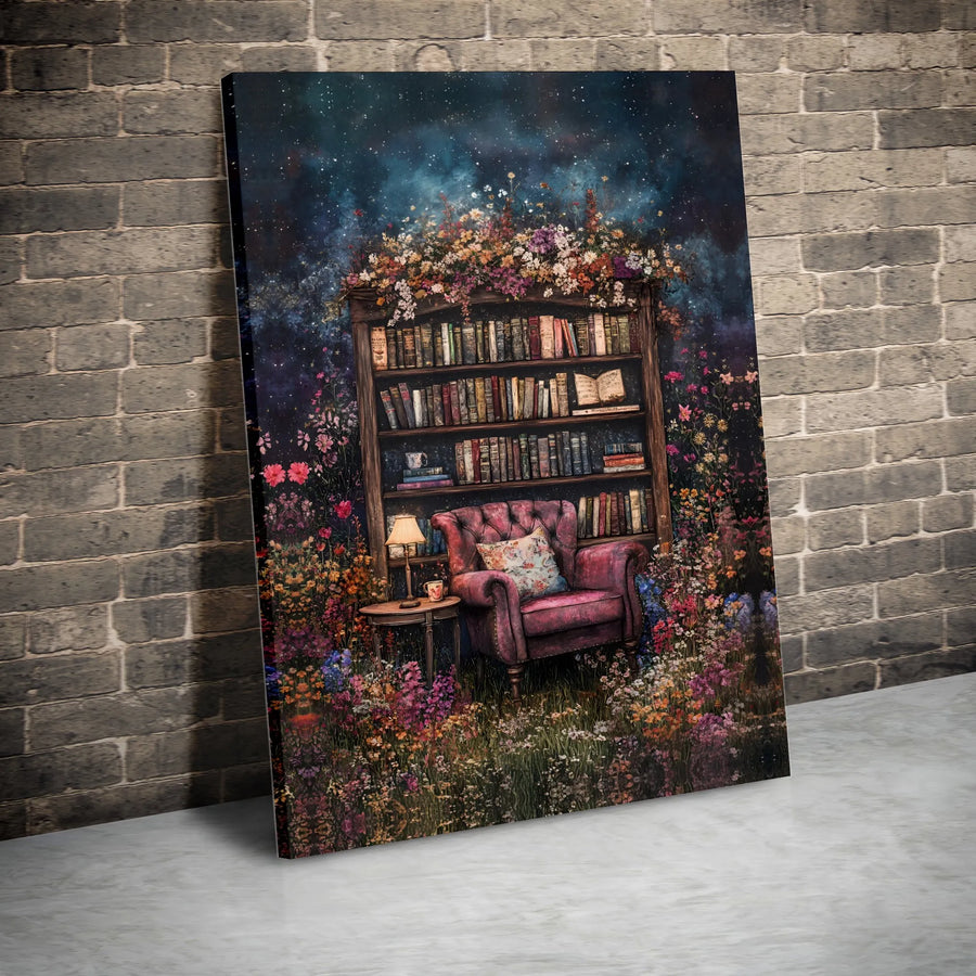 Floral Bookshelf Canvas Wall Art | Wildflower Garden Reading Nook | Premium Gallery Wrap Canvas | Collector's Gift for Book Lovers