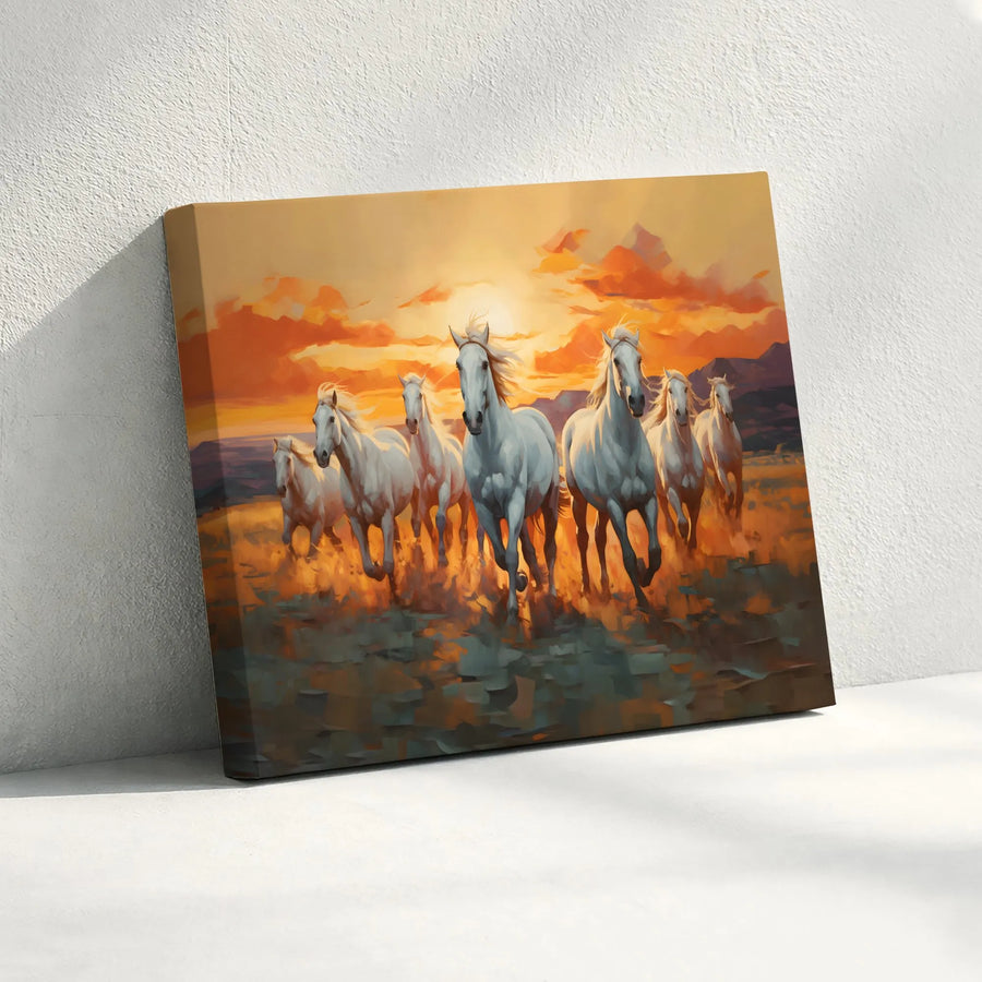 Seven White Horses Canvas Art | Running Horses Sunset Wall Decor | Premium Gallery Wrap Print | Southwestern Farmhouse Living Room Gift