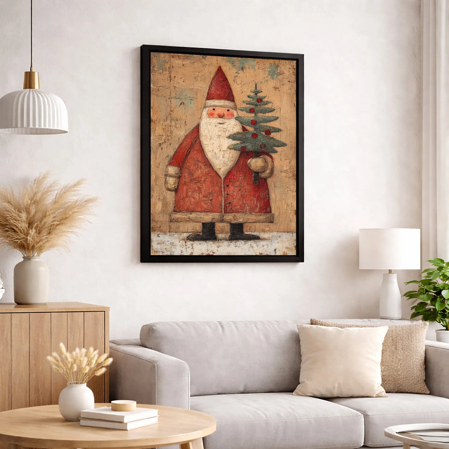 Vintage Santa Claus Wall Art | Distressed Folk Art Christmas Tree Print | Premium 1.25 Inch Gallery Canvas | Festive Farmhouse Holiday Decor