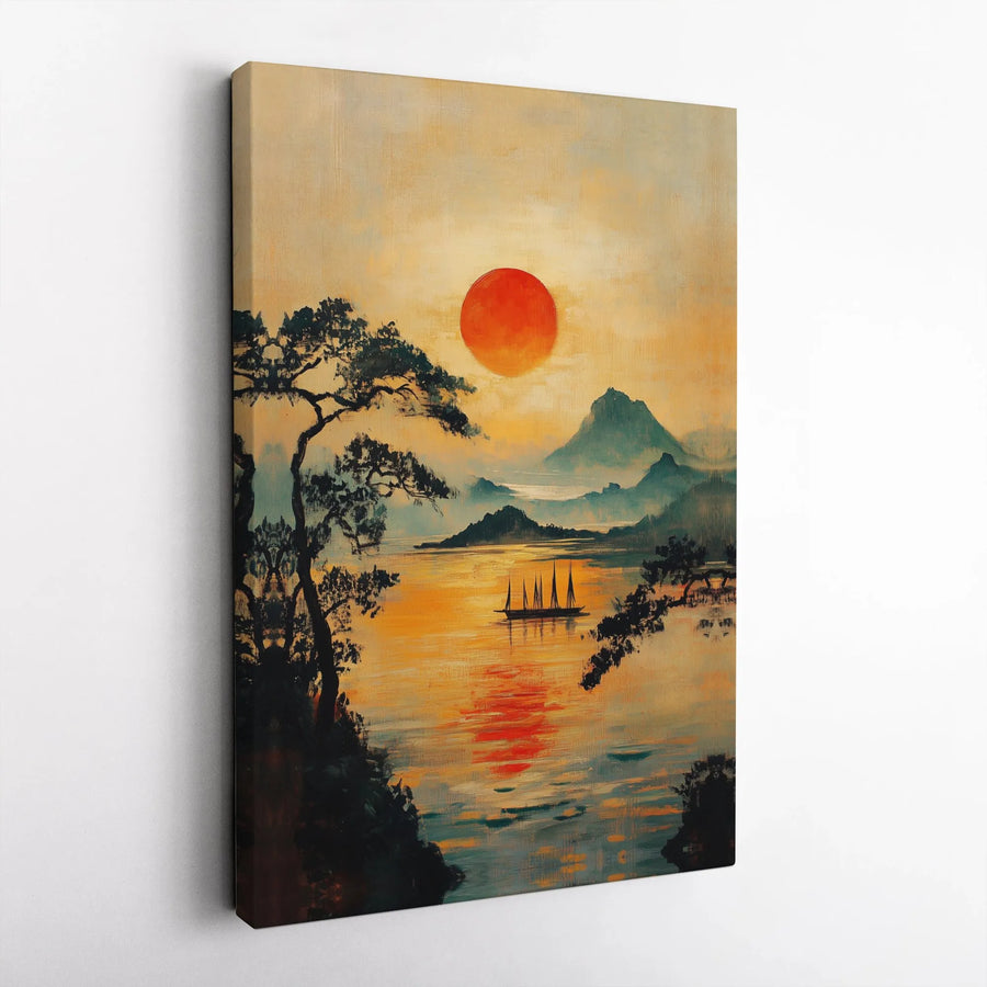 Japanese Sunset Canvas Wall Art | Vintage Red Sun Landscape Painting | Premium Gallery Wrapped Print | Zen Home Decor Gift