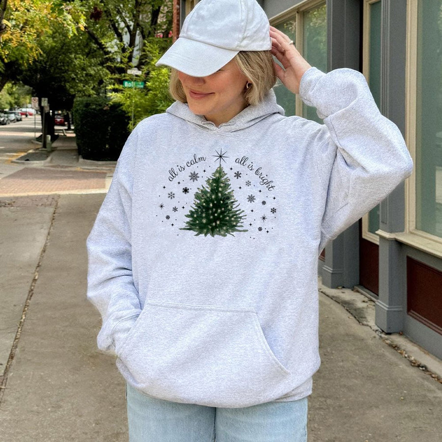 All Is Calm All Is Bright Christmas Hoodie | Minimalist Tree Graphic | Premium Cotton Blend | Cozy Holiday Gift for Her and Him