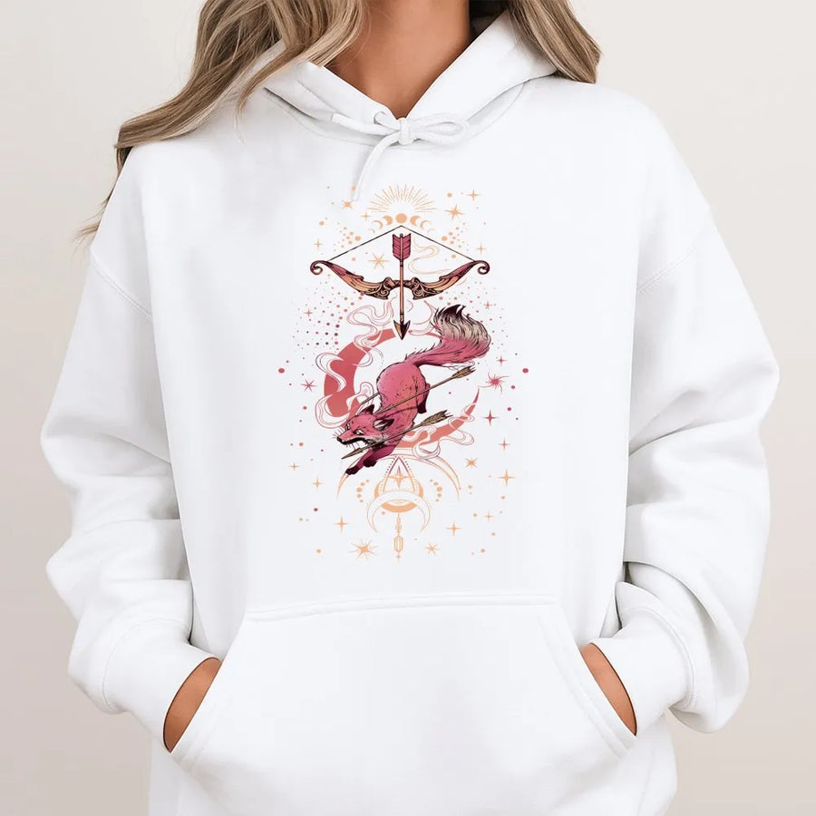 Mystical Fox Hoodie | Celestial Moon And Arrow Graphic Design | Premium Cotton Blend | Artistic Gift For Nature Lovers