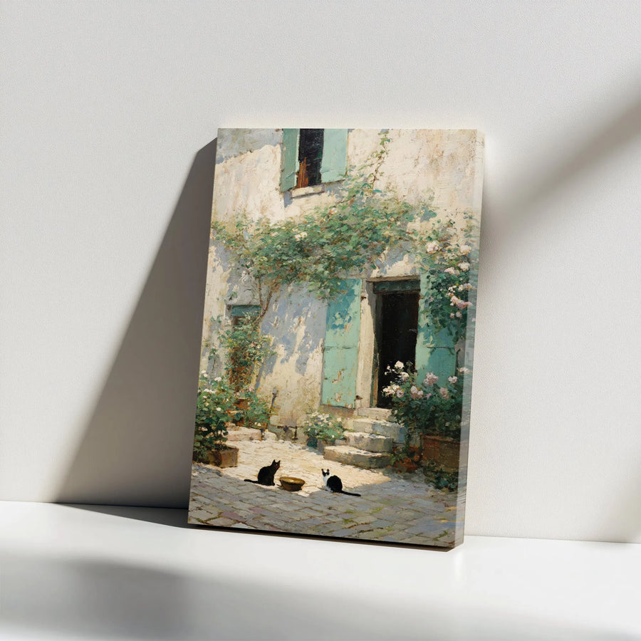French Country Garden Canvas Print | Two Cats in Courtyard Oil Painting | Premium Gallery Wrap Wall Art | Charming Farmhouse Home Decor