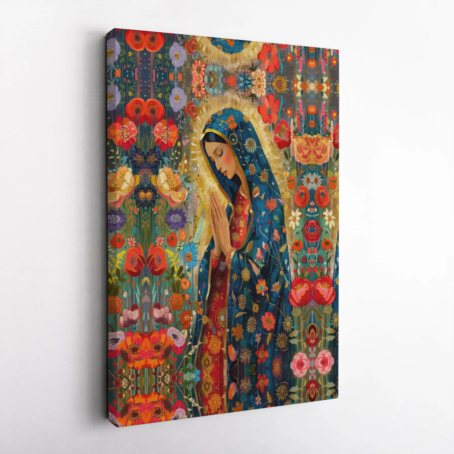 Virgin Mary Canvas Print | Colorful Floral Folk Art Wall Decor | Gallery Quality 1.25" Profile | Religious Home Gift