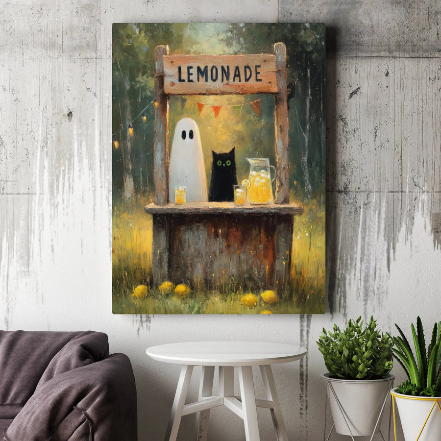Cute Ghost Black Cat Lemonade Stand Vertical Canvas | Whimsical Spooky Autumn Painting | 1.25” Premium Gallery Wrap | Cozy Fall Halloween Wall Art Decor Gift