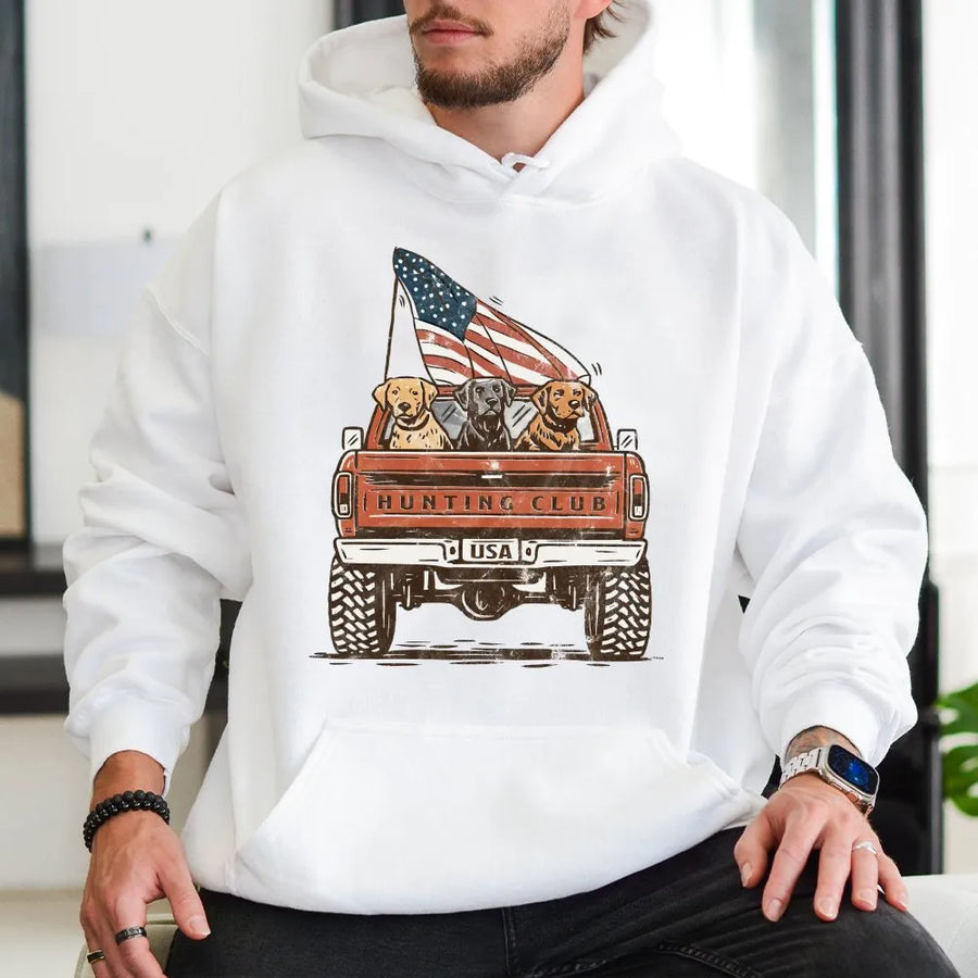 Patriotic Hunting Dogs Hoodie | Vintage Truck with Labradors & US Flag | Soft Cotton Blend | Gift for Hunters and Dog Lovers