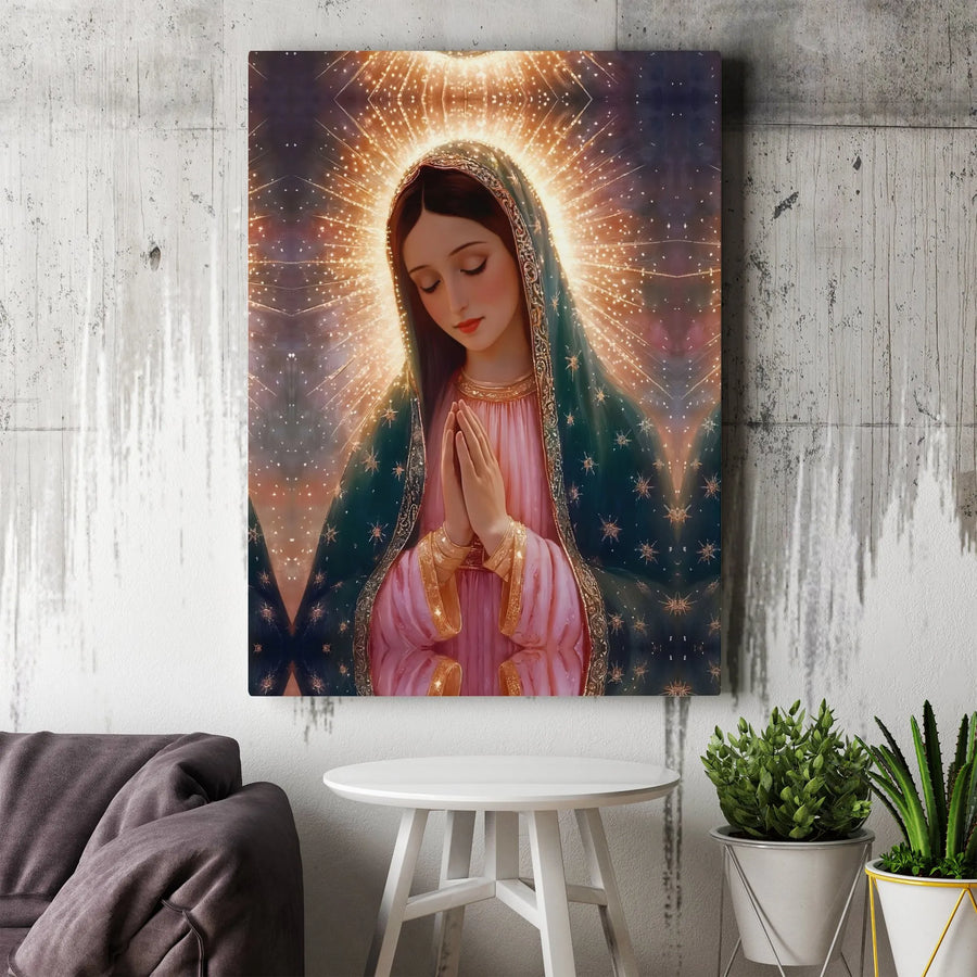 Virgin Mary Our Lady of Guadalupe Vertical Canvas | Blessed Mother Praying with Golden Light Halo | Premium Fade-Resistant Frameless Gallery Print | Devotional Catholic Gift & Christian Wall Art