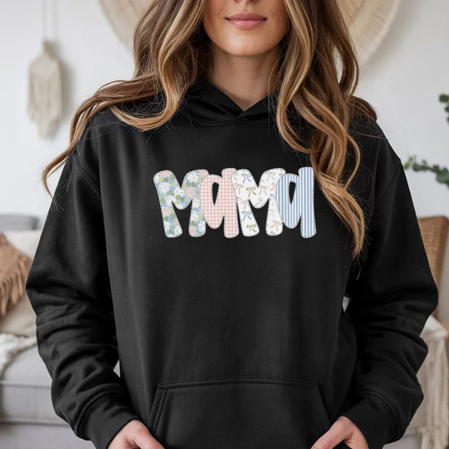 Floral Preppy Mama Hoodie | Coquette Patchwork Graphic Tee | Soft Cotton Classic Fit | Gift for New Mom on Mother's Day