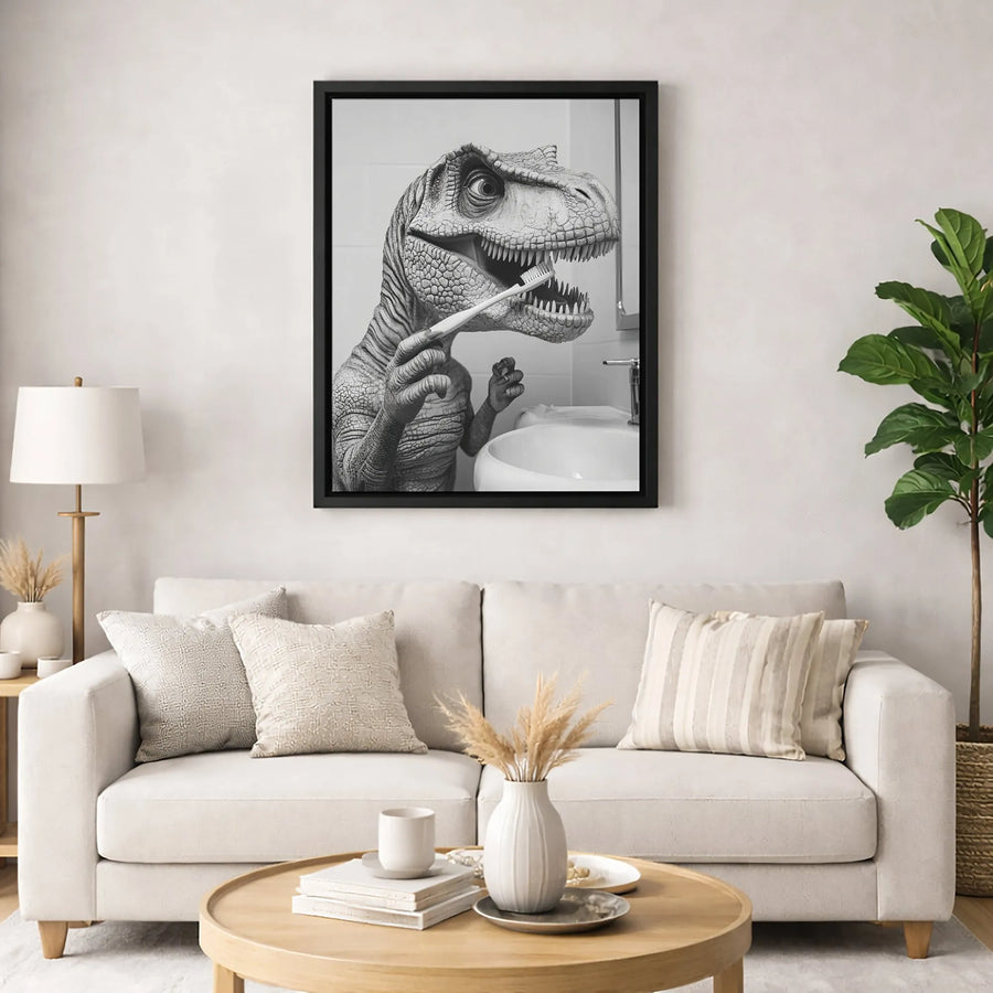 T-Rex Bathroom Wall Art | Funny Dinosaur Brushing Teeth Canvas Print | Premium Gallery Wrapped Decor | Unique Kids Bedroom & Bathroom Gift