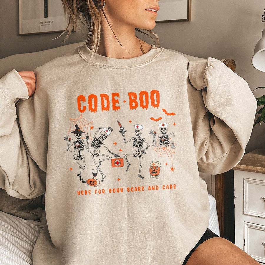 Code Boo Nurse Sweatshirt | Skeleton Halloween Medical Graphic | Soft Cotton Blend Unisex Pullover | Spooky Season Gift For Nurses