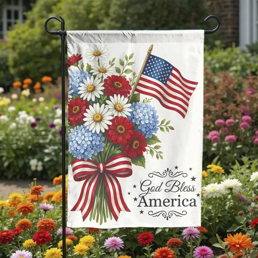 God Bless America Garden Flag | Patriotic Floral American Flag Design | Premium Double-Sided Weather Resistant Polyester | Outdoor 4th of July Yard Decor