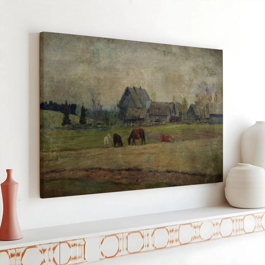 Vintage Farmhouse Canvas Wall Art | Grazing Horse Country Landscape Painting | 1.25 Inch Gallery Wrap Premium Canvas | Rustic Home Decor Gift