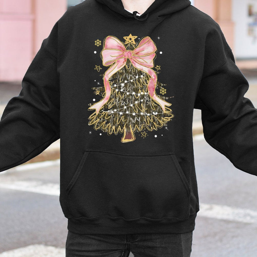 Camo Christmas Tree Hoodie | Pink Coquette Bow Graphic | Premium Cotton Blend | Trendy Holiday Gift For Her