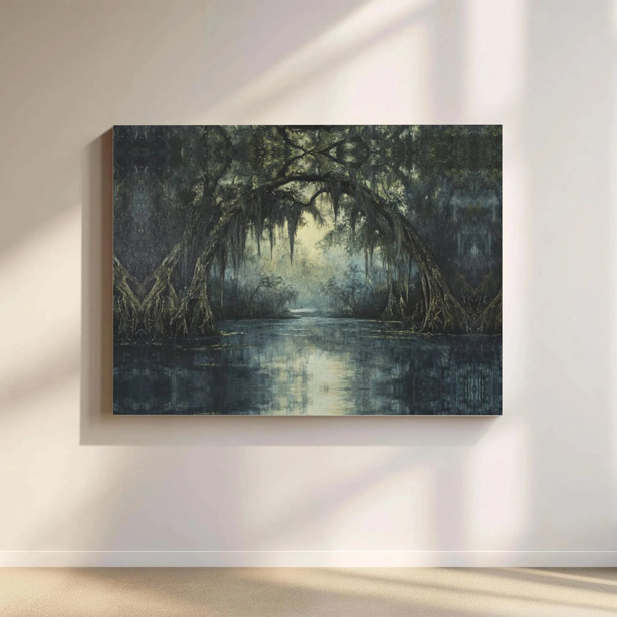 Moody Swamp Landscape Canvas | Atmospheric Cypress Trees and Spanish Moss Wall Art | Premium Gallery Wrap Print | Nature-Inspired Home Decor Gift
