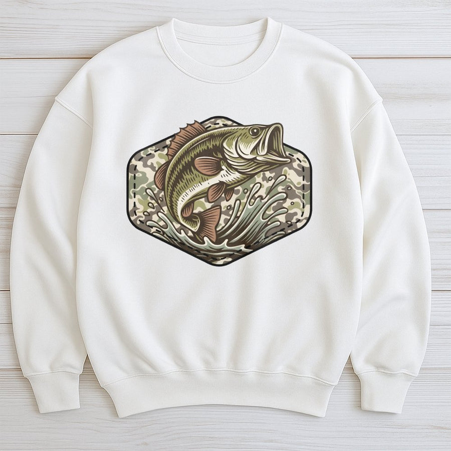 Bass Fishing Sweatshirt | Camo Patch Graphic Design | Premium Cotton Blend | Gift for Angler Dad Husband Fisherman Outdoorsman