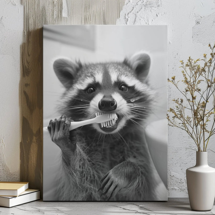 Funny Raccoon Bathroom Wall Art | Quirky Animal Brushing Teeth Print | Premium Gallery Wrapped Canvas | Humorous Home Decor Gift